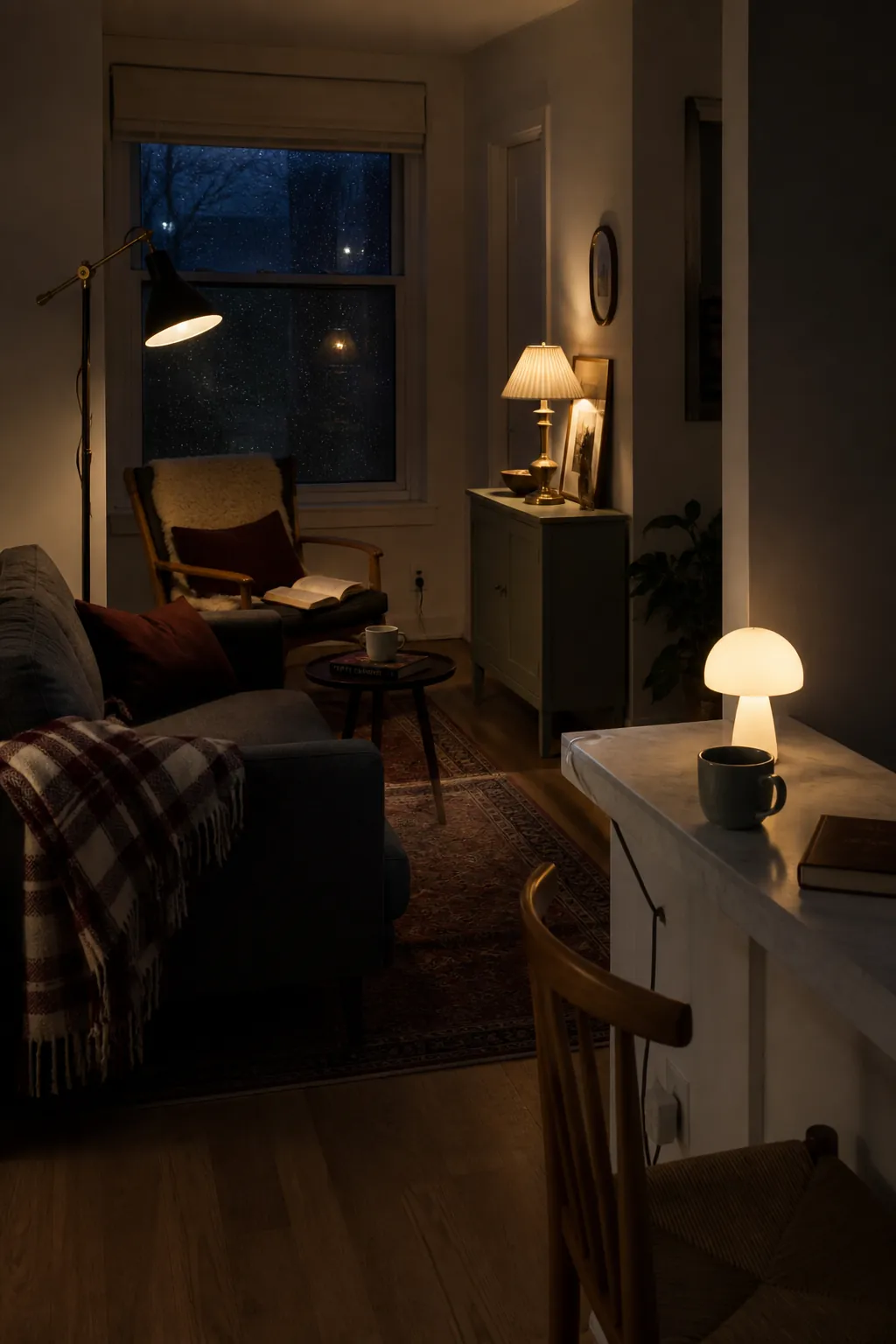 Layered floor and table lamps creating a cozy small apartment at night
