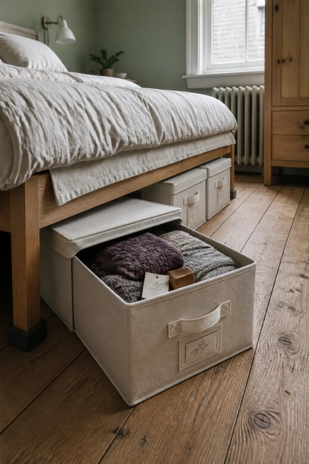 Organized under-bed storage in a compact small apartment bedroom
