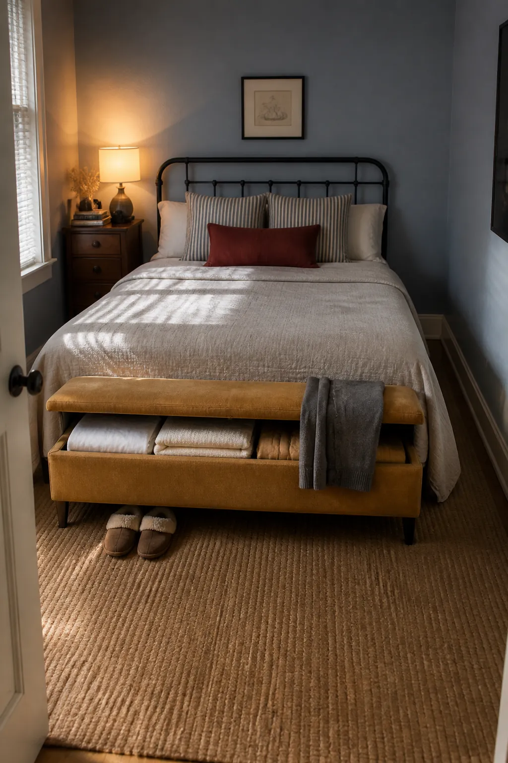 Compact storage bench at the foot of a bed in a small bedroom