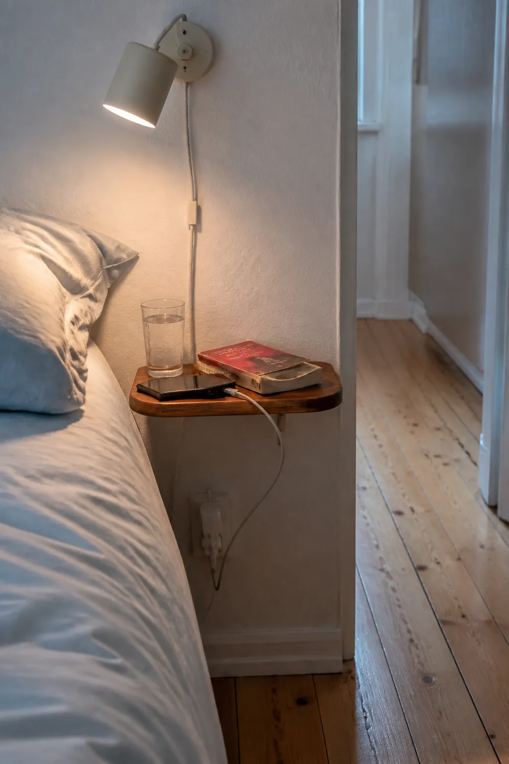 Minimal floating bedside shelf in a very small apartment bedroom
