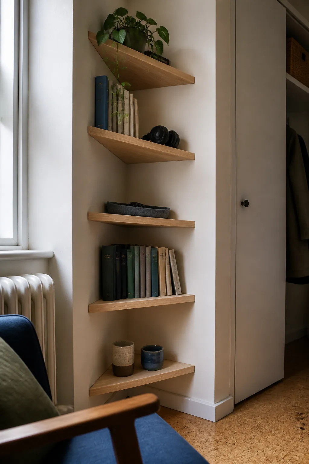 Vertical corner shelves using an awkward gap in a tiny apartment