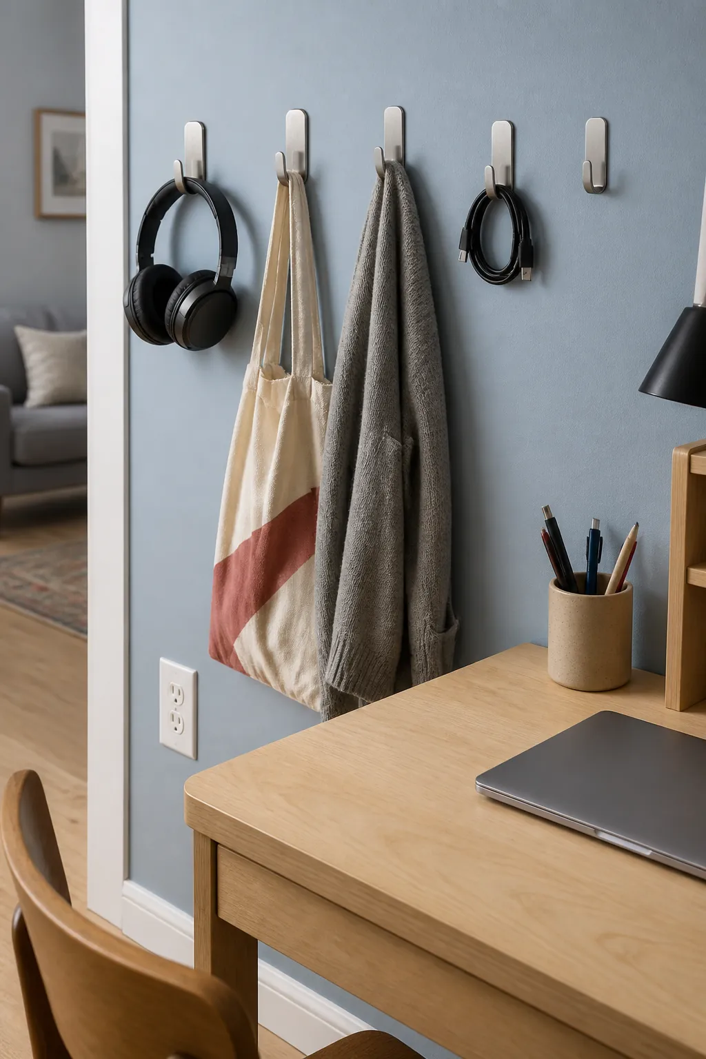 Damage-free wall hooks organizing daily items in a small rental apartment
