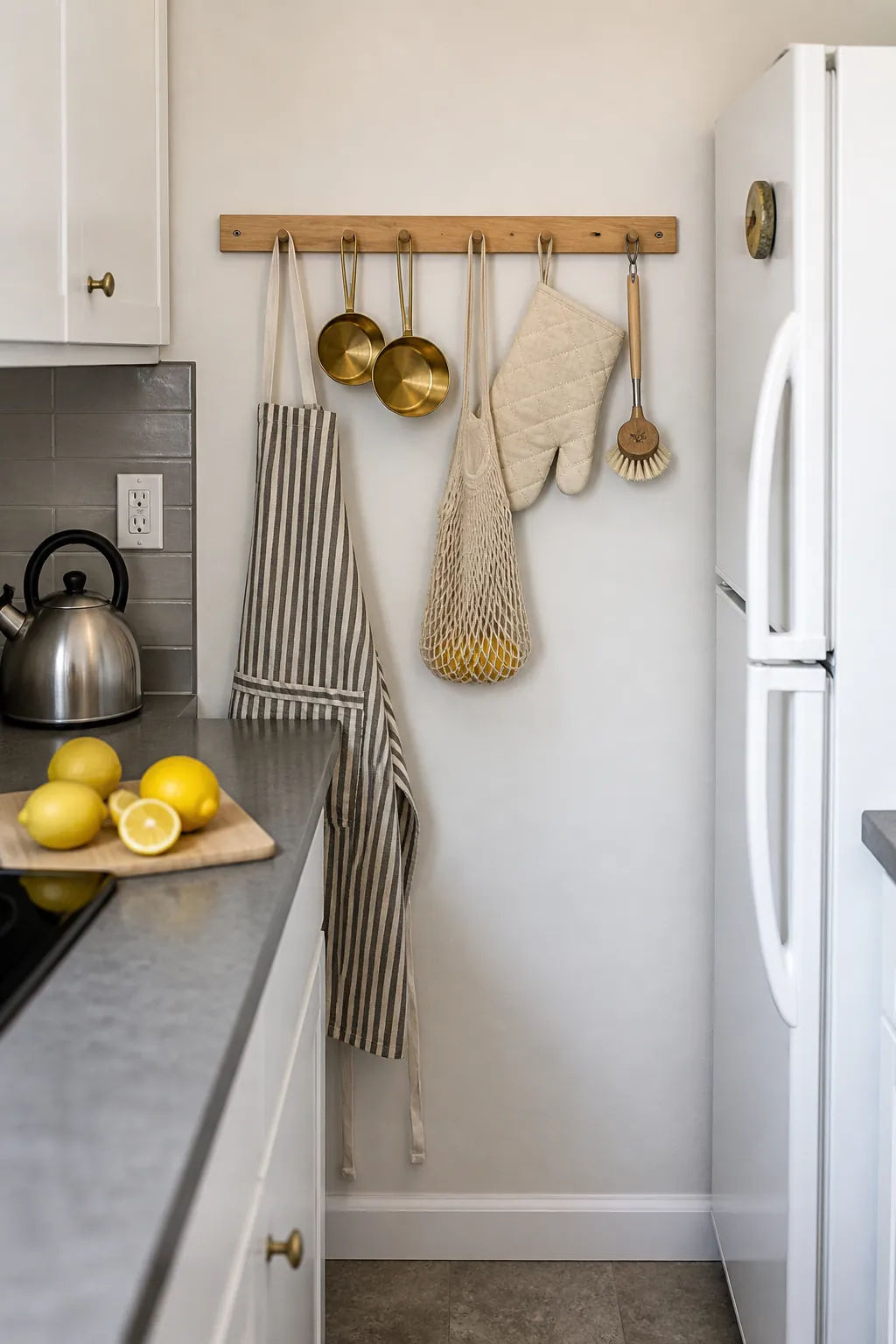 Wood peg rail organizing useful tools on a narrow apartment kitchen wall