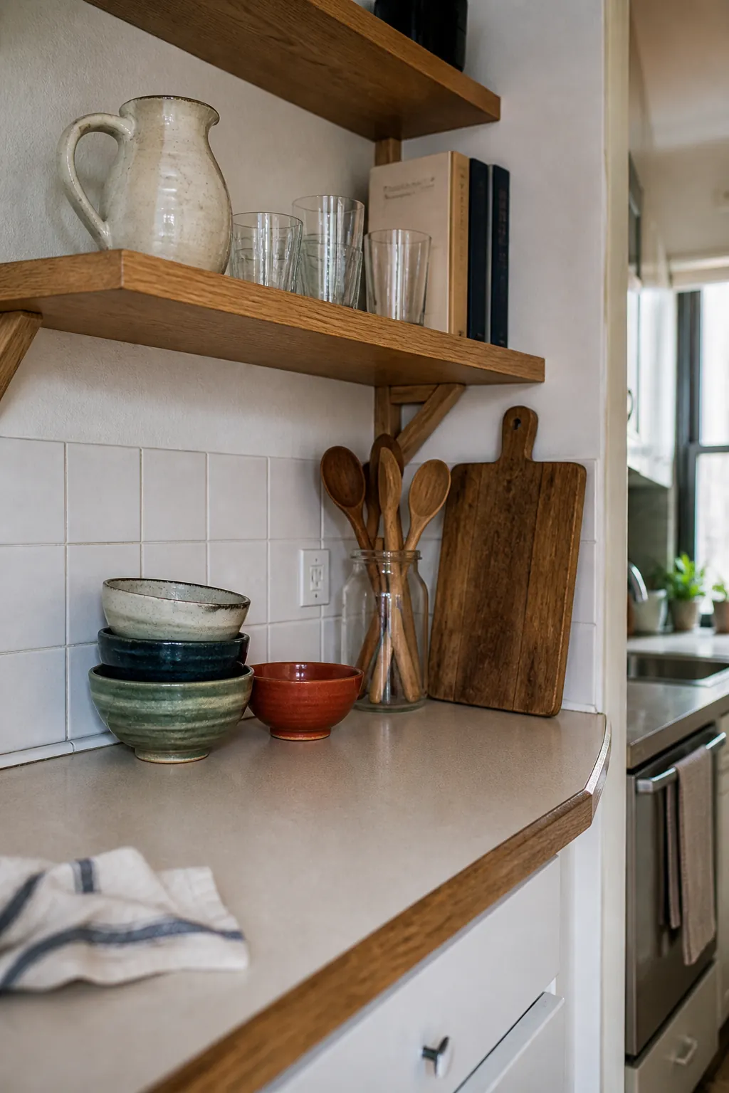 Open kitchen shelves styled with useful everyday objects in a small apartment