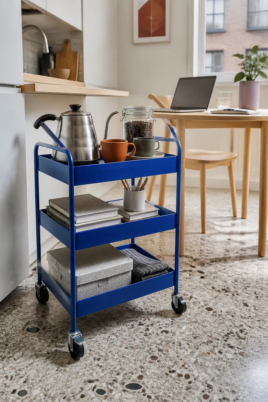 Slim rolling cart used as flexible storage in a small studio apartment