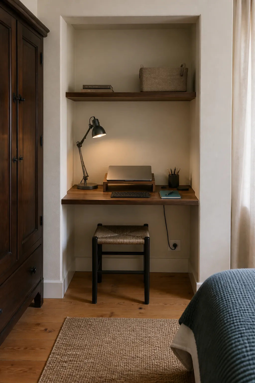 Shallow home office desk fitted into a niche in a small apartment