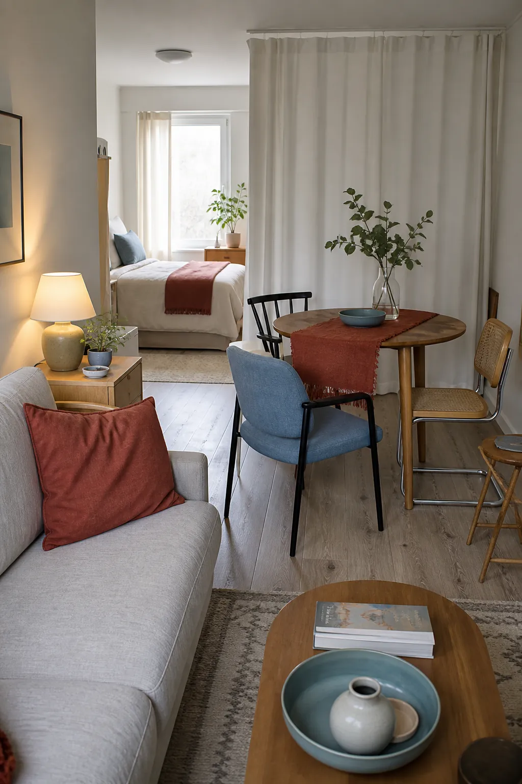 Repeated accent colors connecting zones in a small open-plan apartment