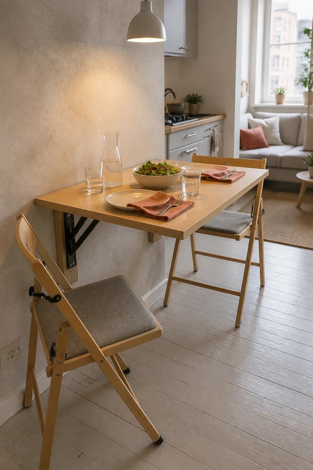 Fold-down dining table saving space in a mini studio apartment