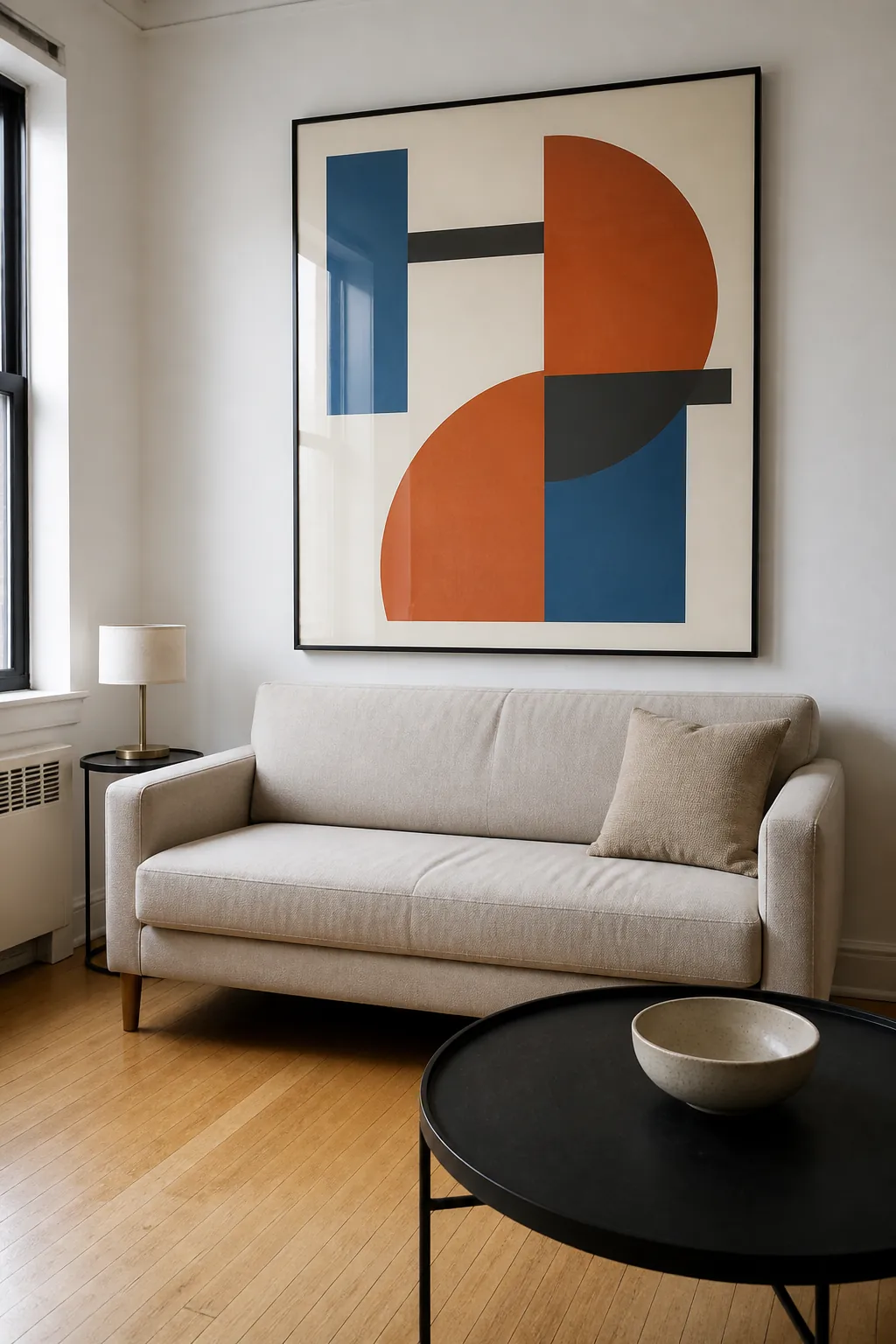 Oversized geometric abstract print creating a focal point in a small apartment