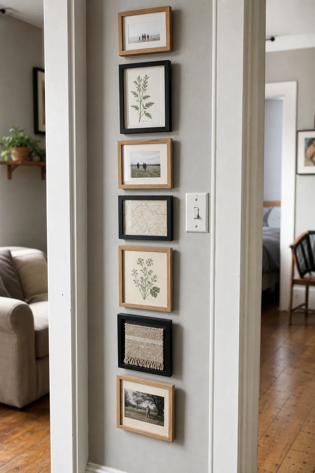 Personal vertical gallery of photos and line drawings on a narrow apartment wall