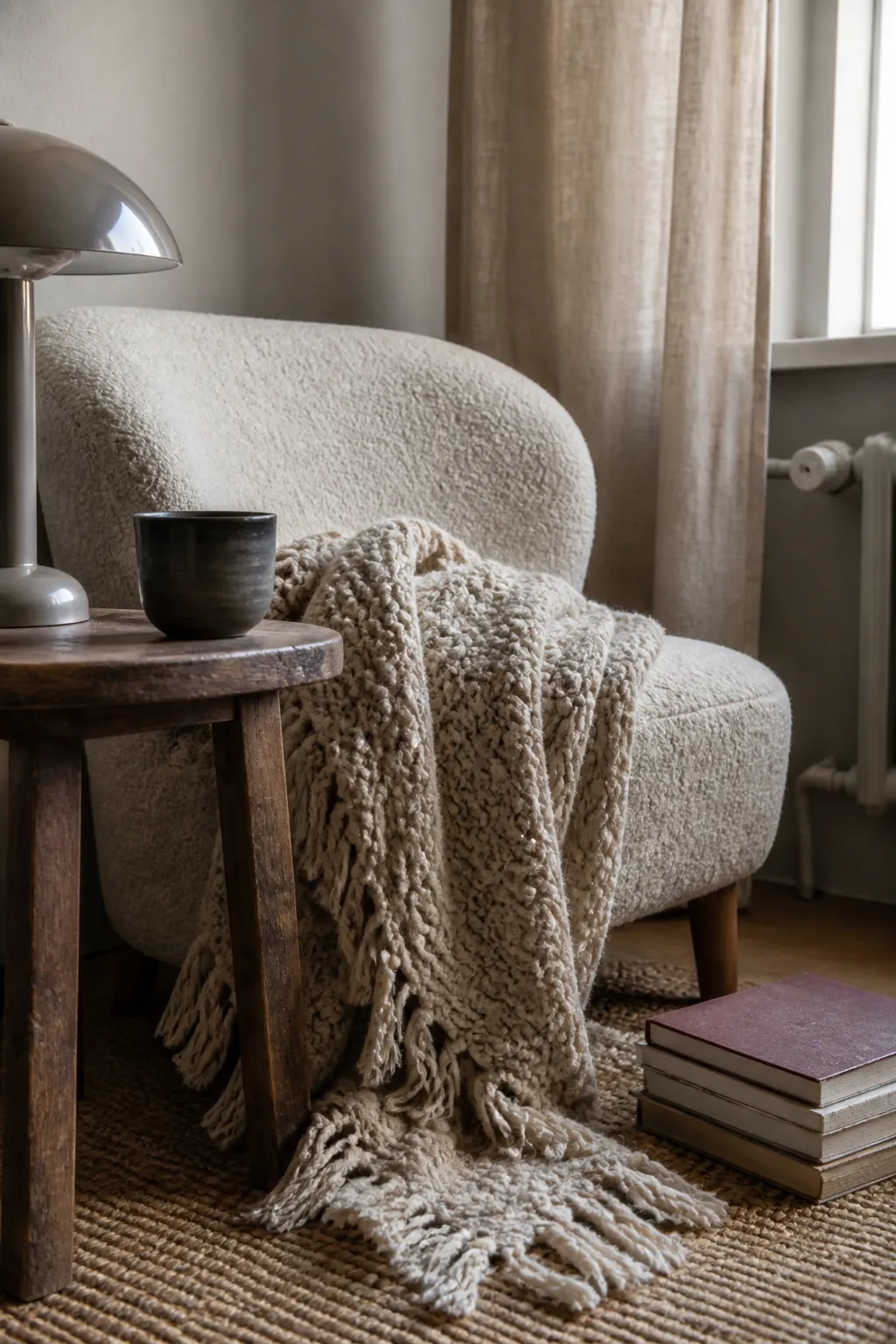 Layered linen wool wood and ceramic textures in a cozy small apartment