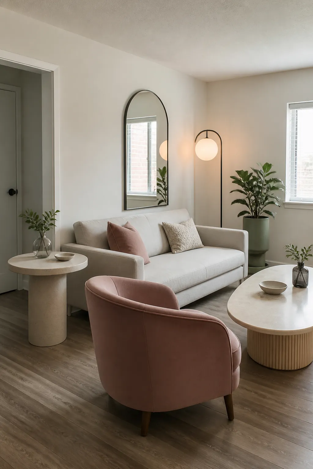 Rounded furniture and accessories softening a very small living room
