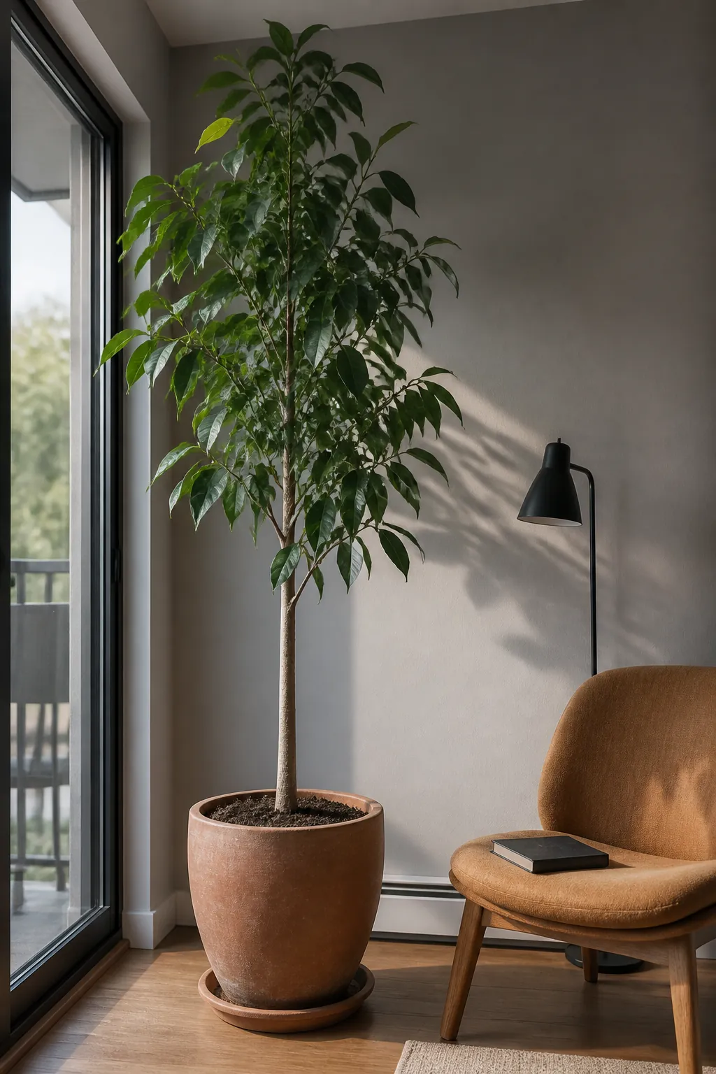 Single tall houseplant filling an empty corner of a small apartment
