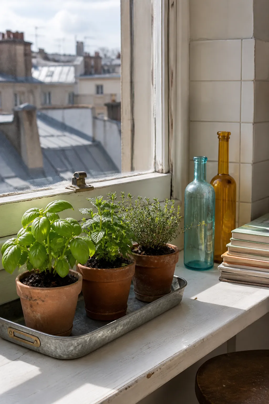 Sunny apartment windowsill styled with useful herbs and glass bottles