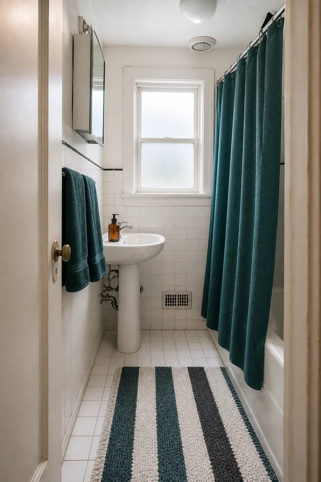 Coordinated towels and daily essentials in a tiny rental bathroom