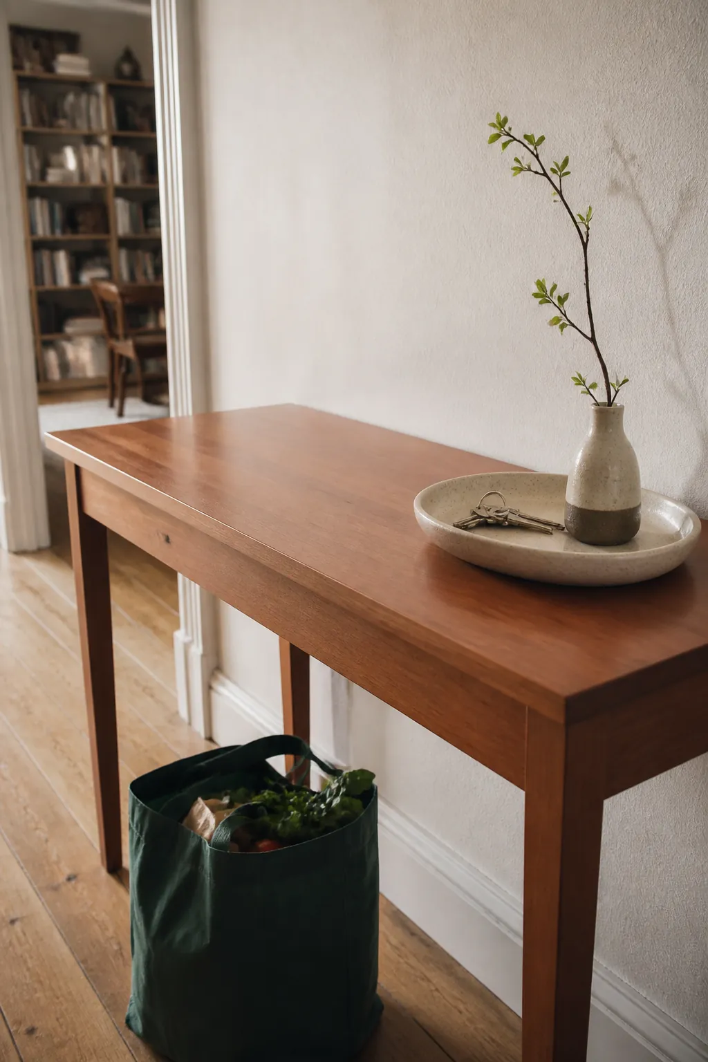 Mostly empty console surface creating visual calm in a small apartment