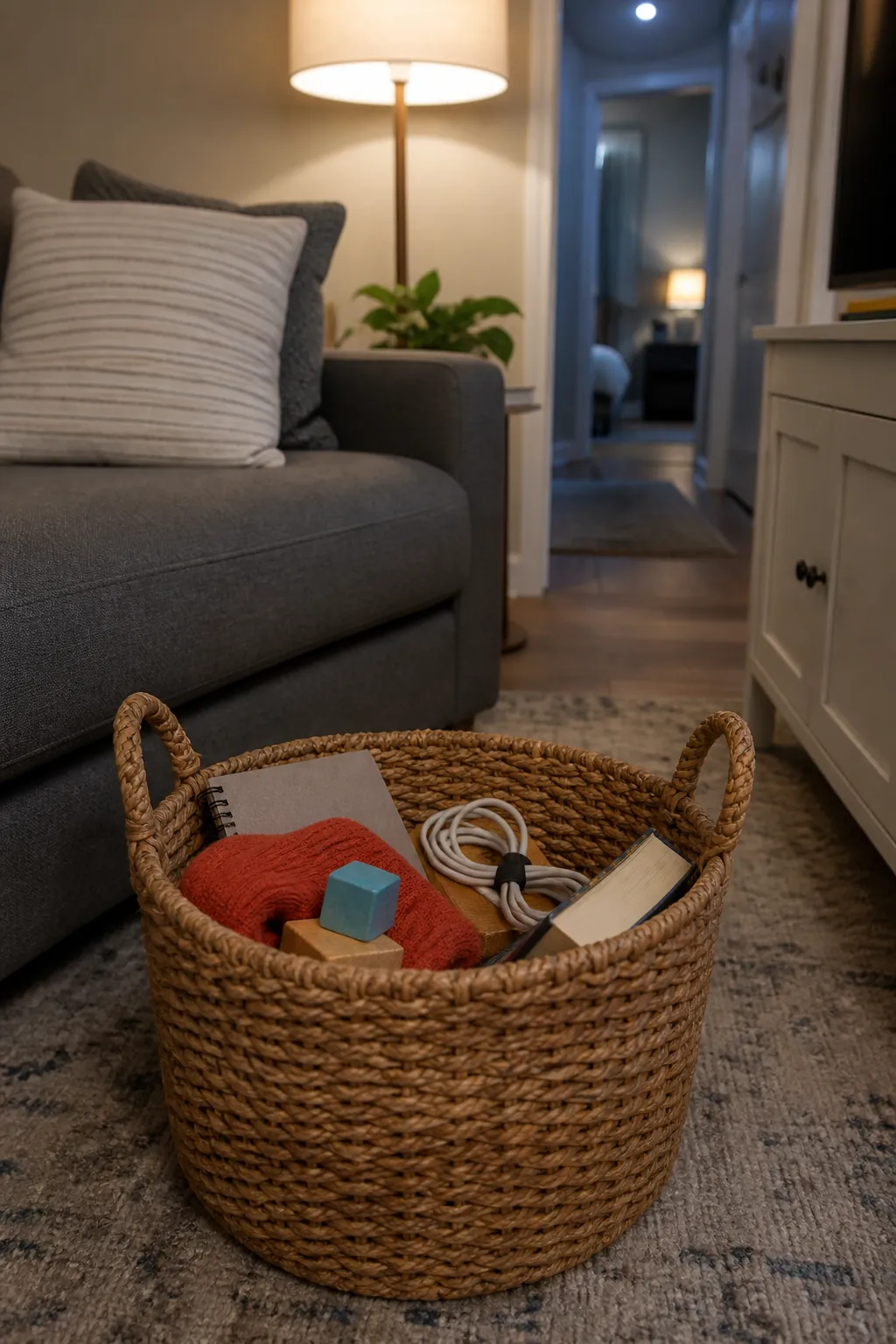 Handled basket supporting an evening reset in a cozy small apartment