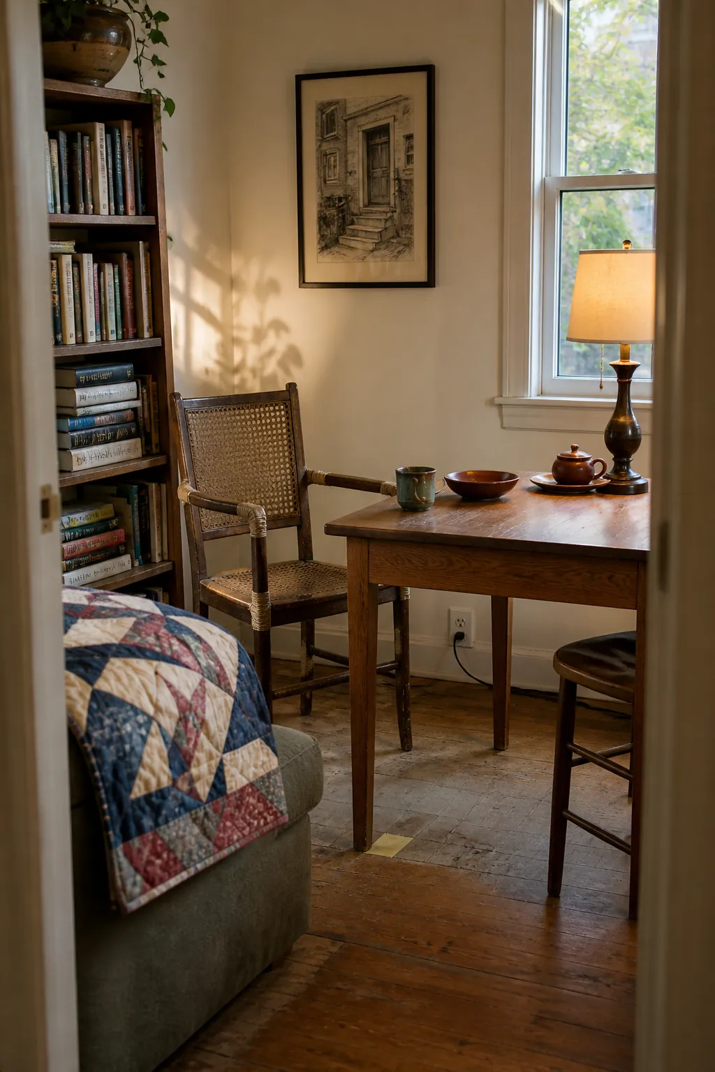 Personal slowly collected decor in a lived-in small apartment
