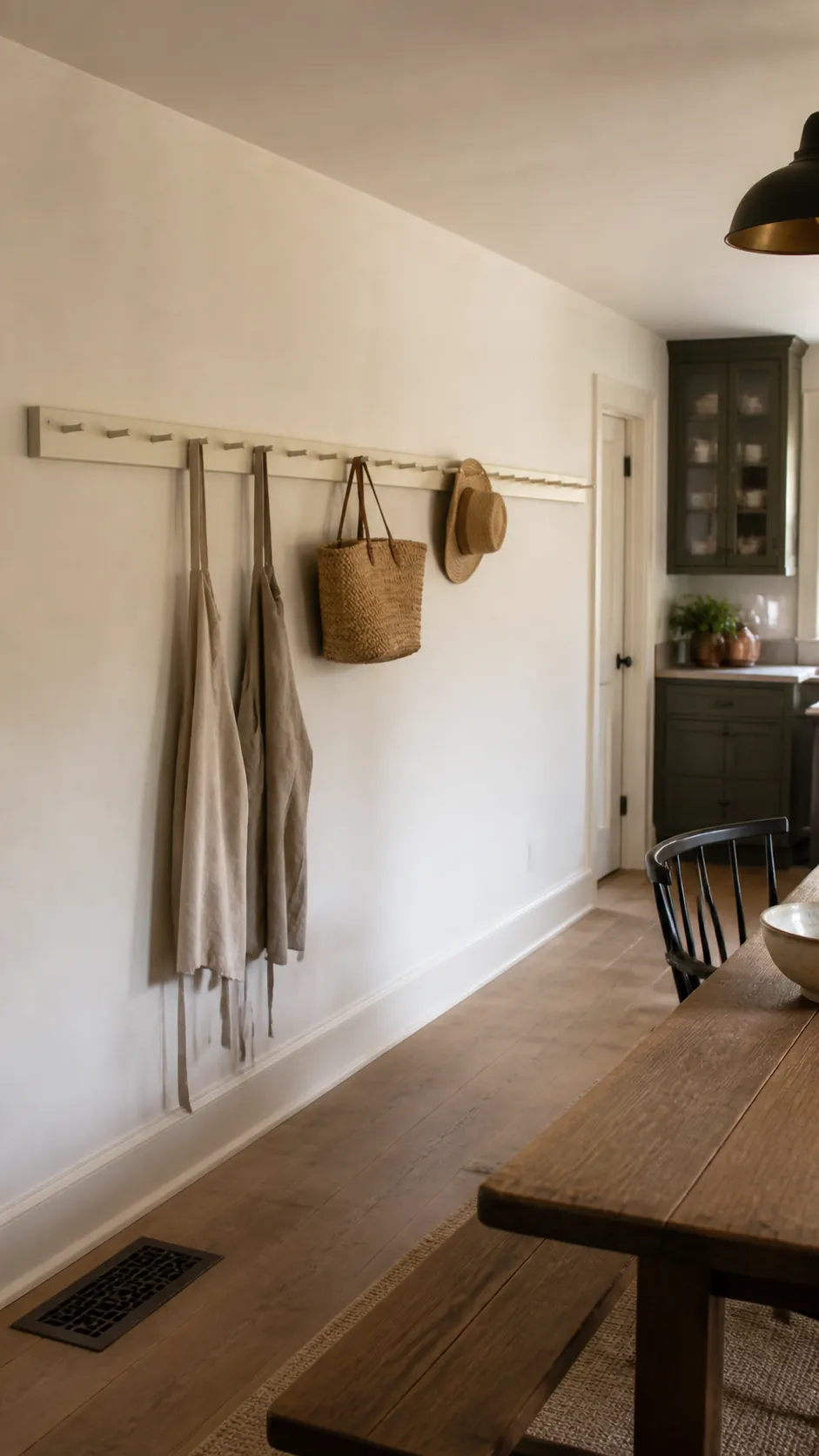 Long Shaker Peg Rail in a realistic farmhouse kitchen