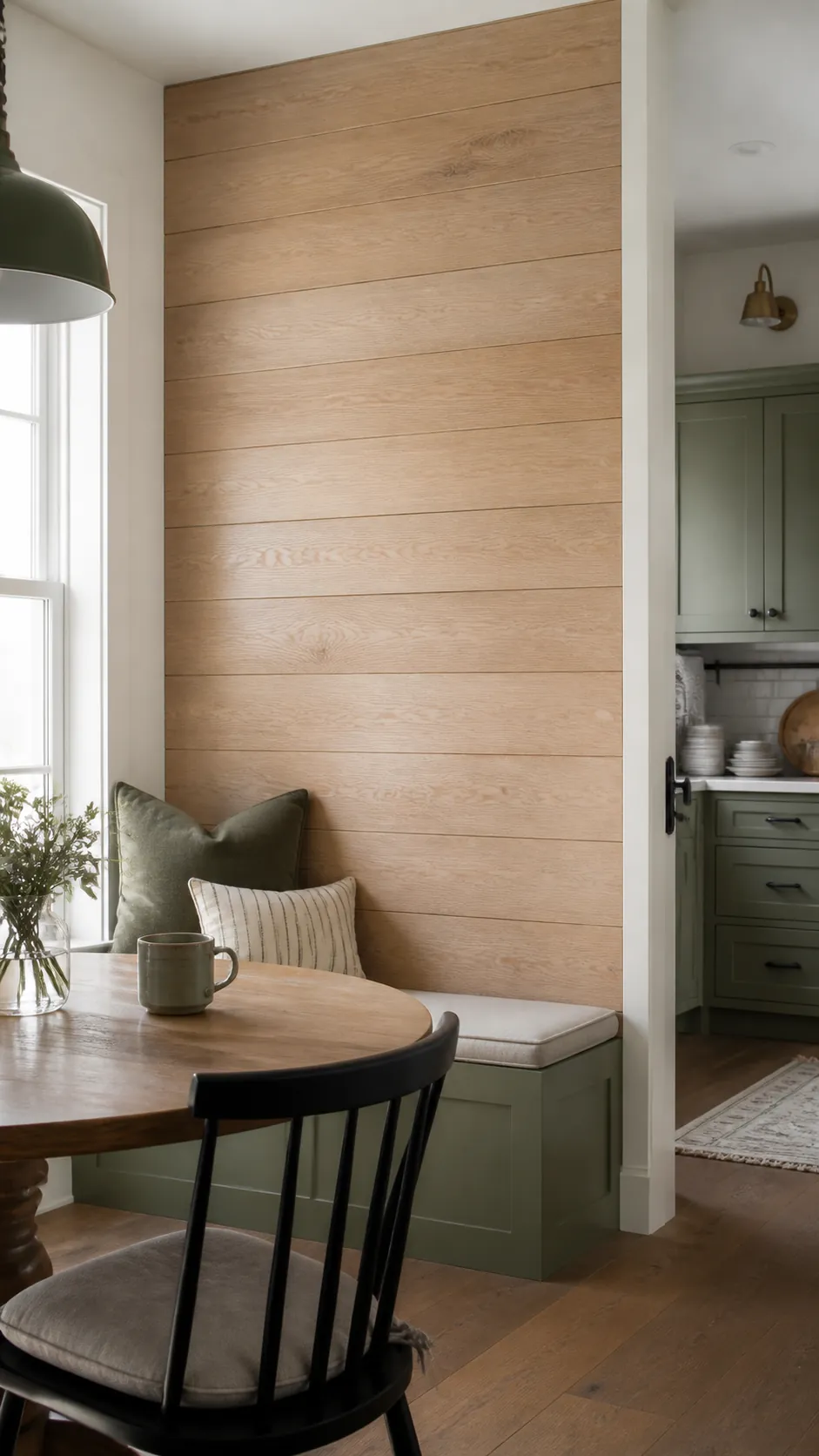 White Oak Shiplap Feature in a realistic farmhouse kitchen
