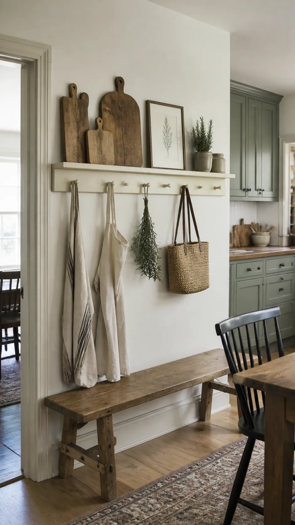 Farmhouse kitchen wall decor with antique wood and linen details