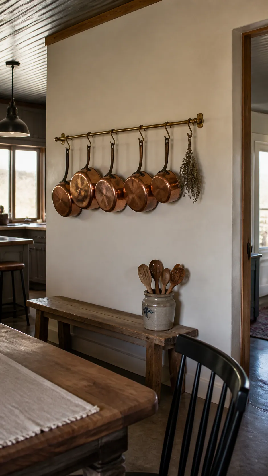 Copper Pan Rail in a realistic farmhouse kitchen