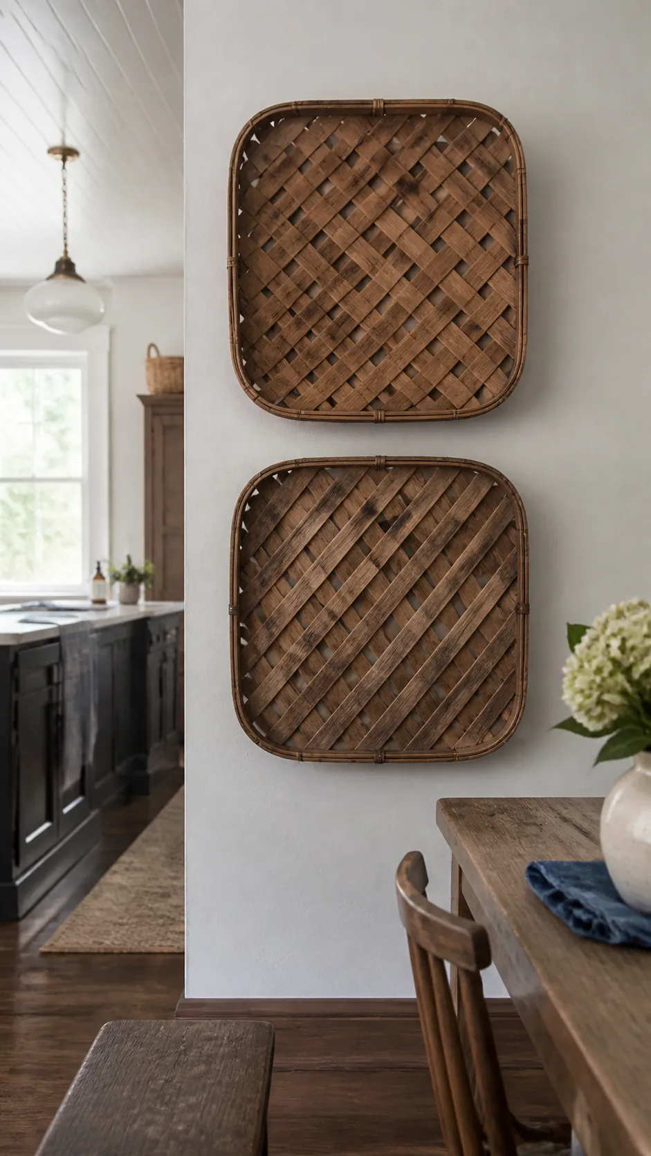 Woven Tobacco Basket Pair in a realistic farmhouse kitchen