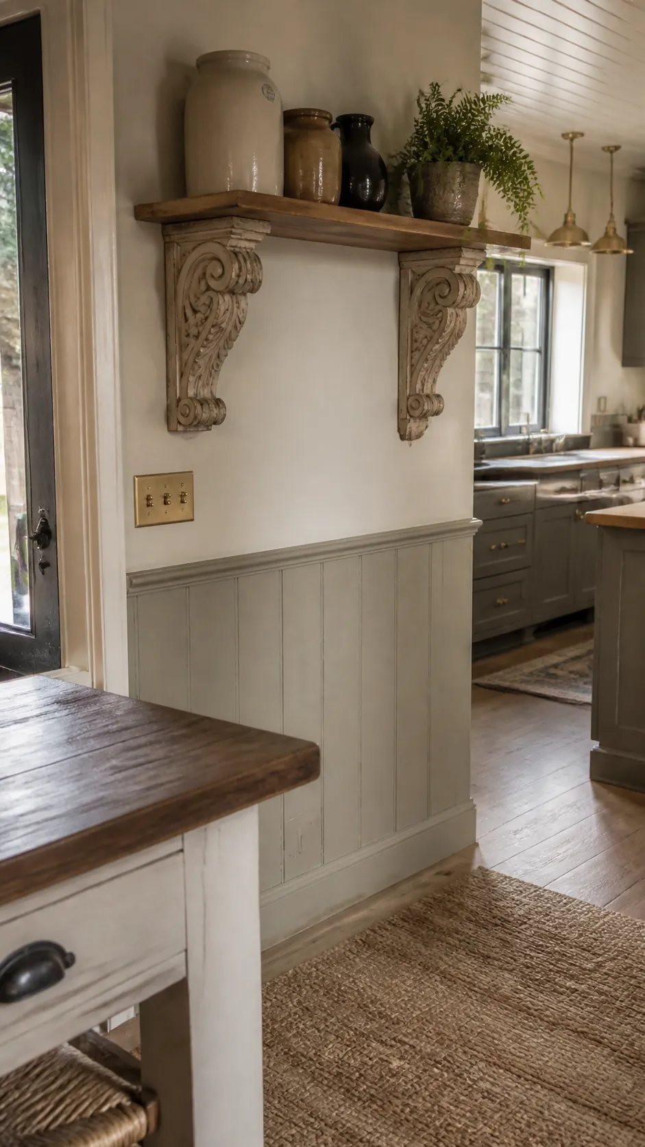 Architectural Salvage Corbels in a realistic farmhouse kitchen