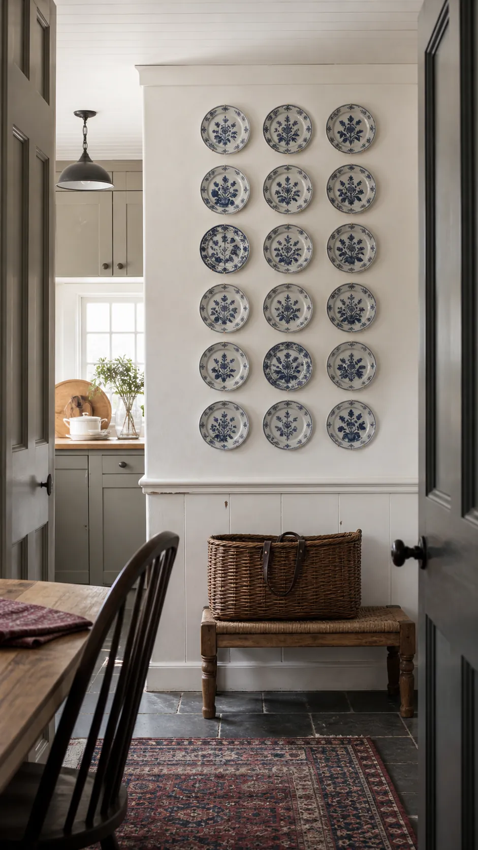 Blue Willow Plate Grid in a realistic farmhouse kitchen