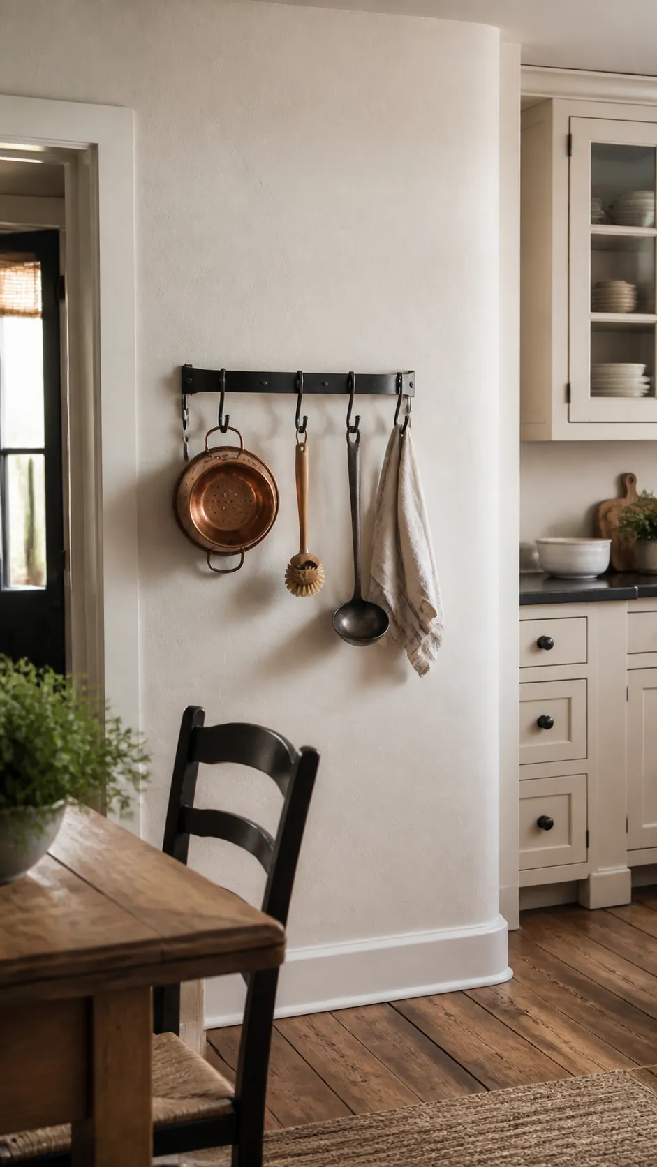 Hand-Forged Pot Rack in a realistic farmhouse kitchen