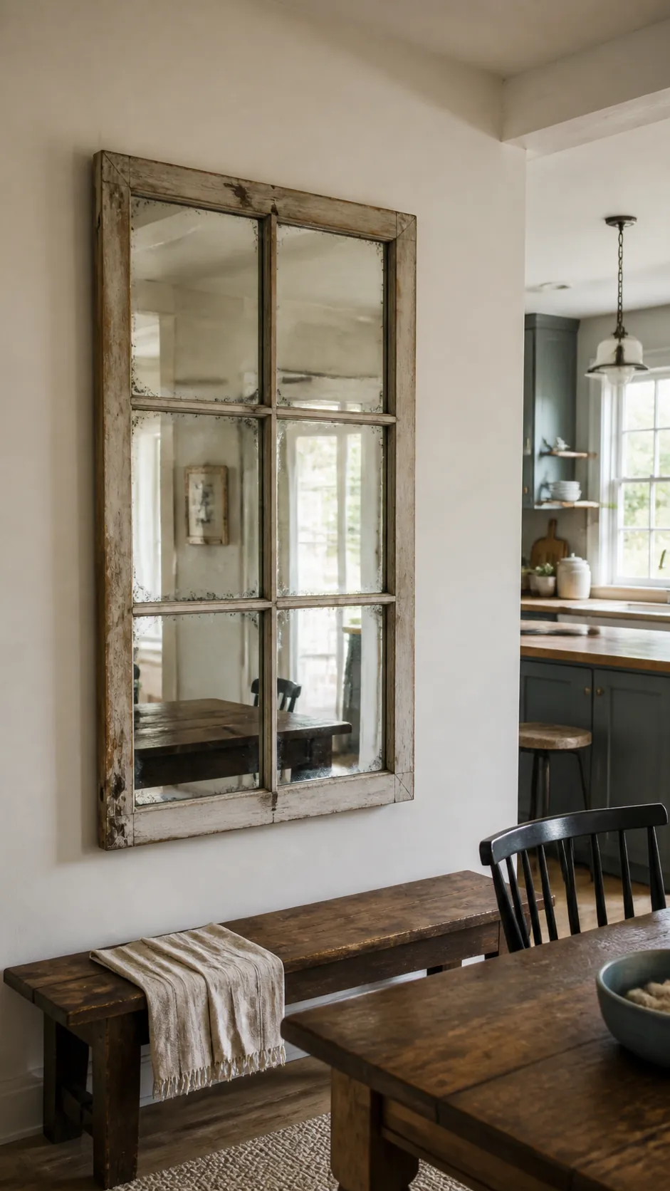 Vintage Window Mirror in a realistic farmhouse kitchen