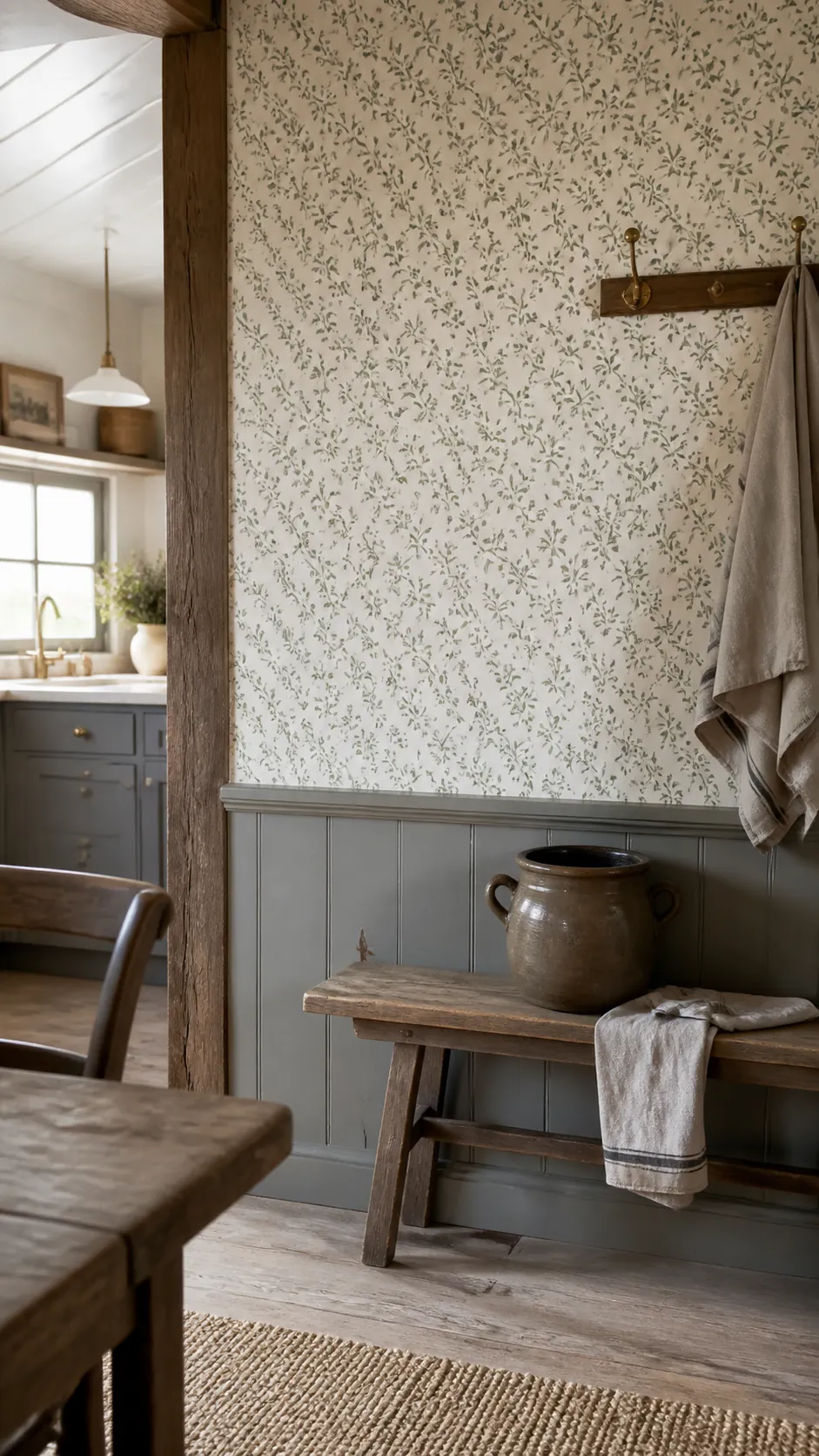 Botanical Block-Print Wallpaper in a realistic farmhouse kitchen