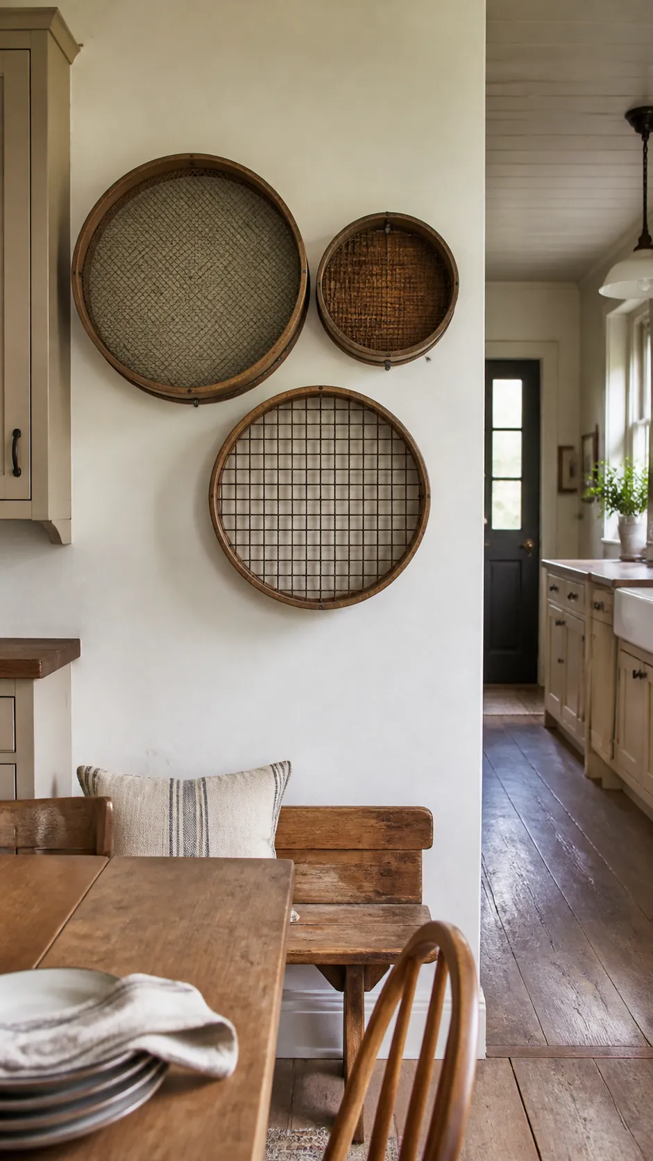 Vintage Grain Sieve Cluster in a realistic farmhouse kitchen