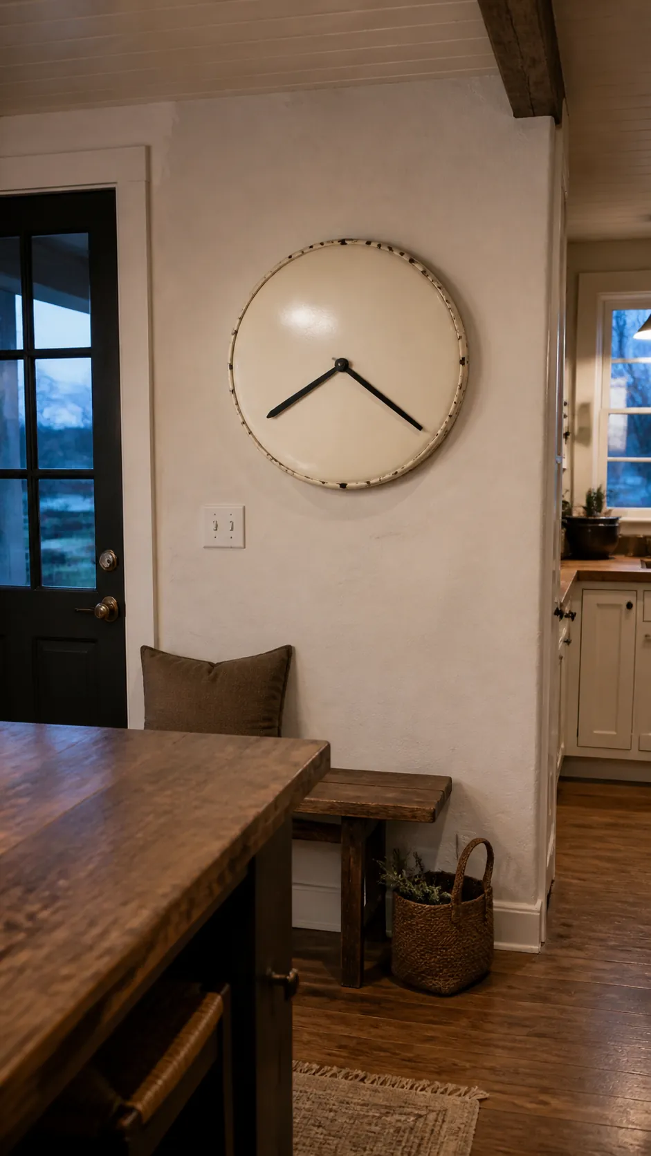 Farmhouse Clock With Restraint in a realistic farmhouse kitchen