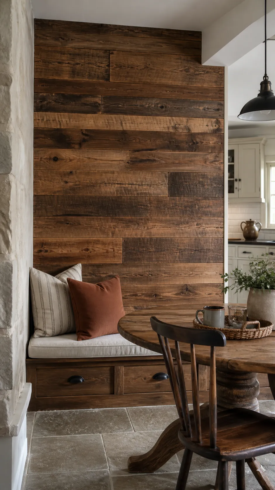 Reclaimed Plank Accent Wall styled as rustic kitchen wall decor