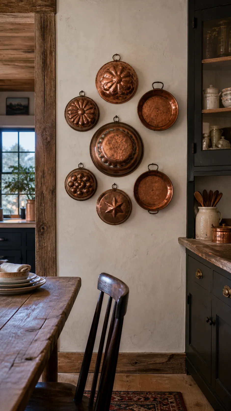 Hammered Copper Collection styled as rustic kitchen wall decor