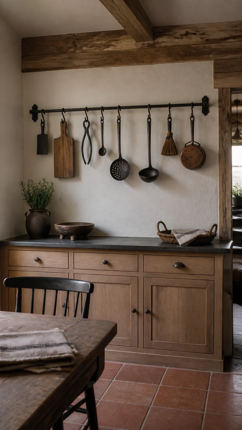 Hand-Forged Iron Rail styled as rustic kitchen wall decor