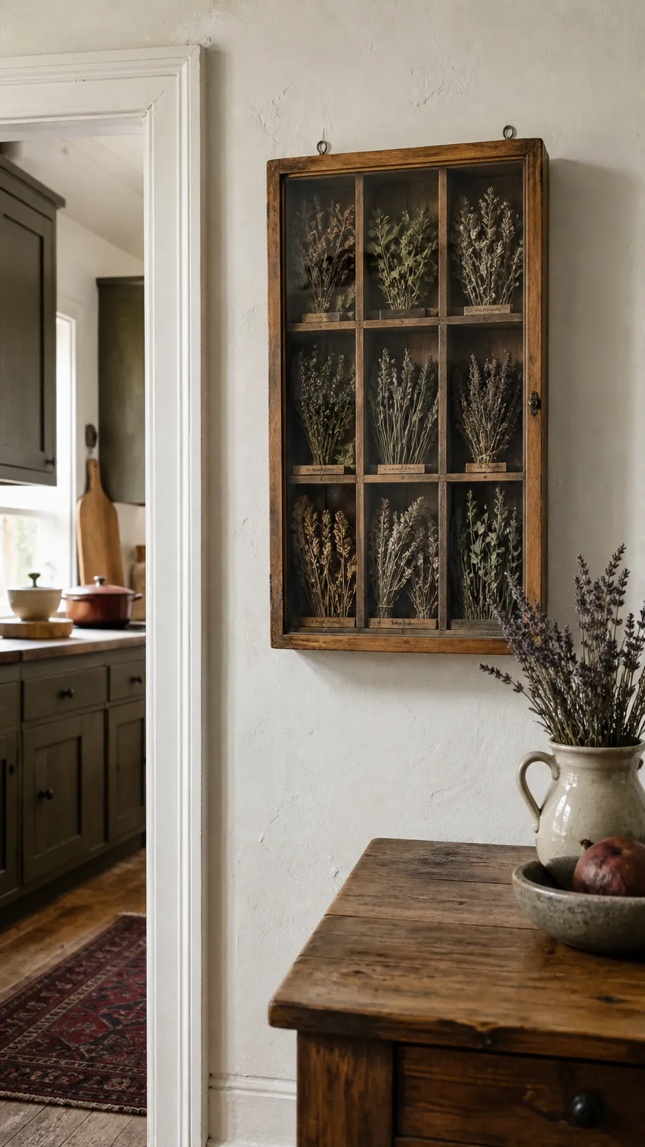 Antique Botanical Cabinet styled as rustic kitchen wall decor