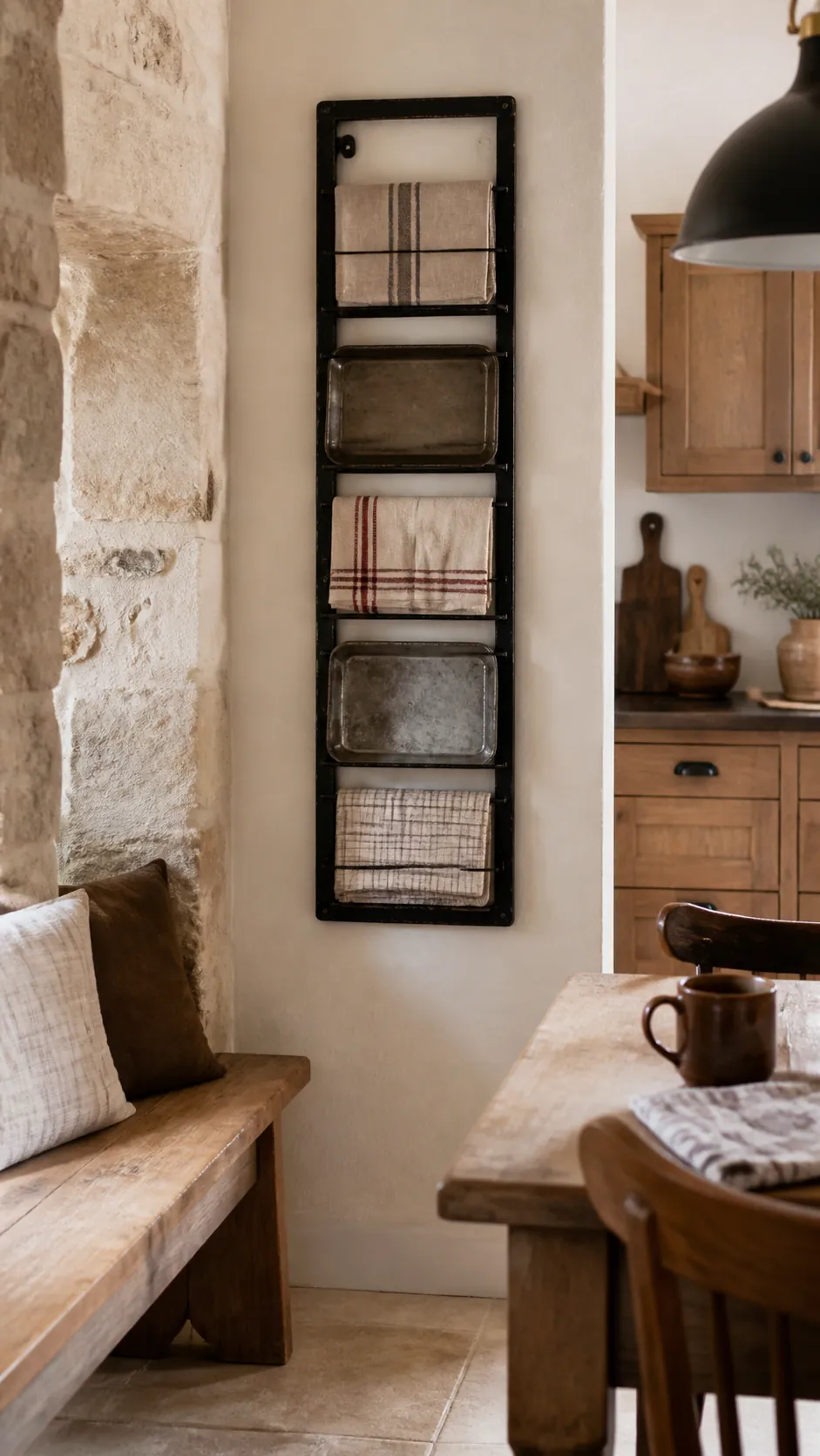 Vintage Bakery Rack styled as rustic kitchen wall decor