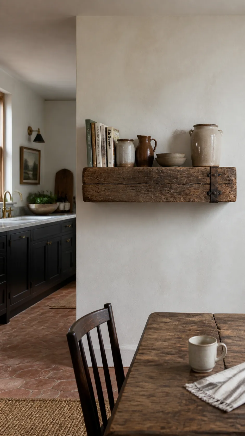 Rough-Hewn Beam Shelf styled as rustic kitchen wall decor