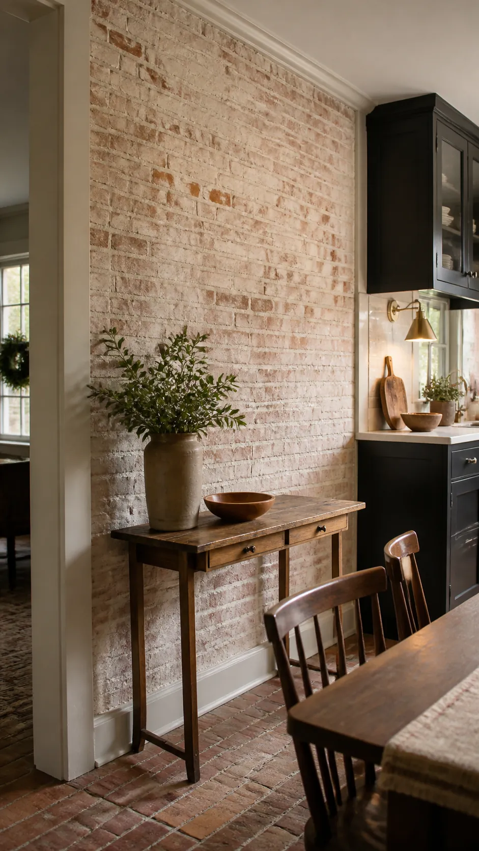 Limewashed Brick Wall styled as rustic kitchen wall decor