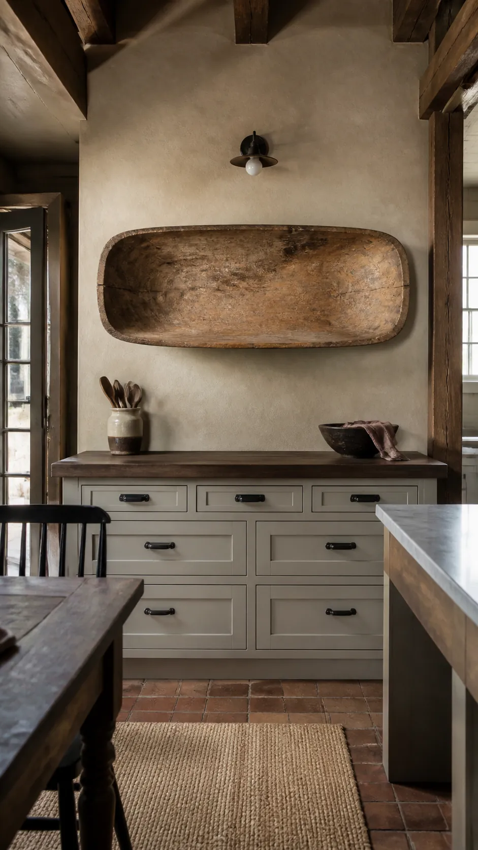 Wooden Dough Bowl Display styled as rustic kitchen wall decor