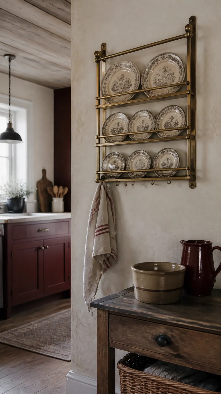 Aged Brass Plate Rack styled as rustic kitchen wall decor