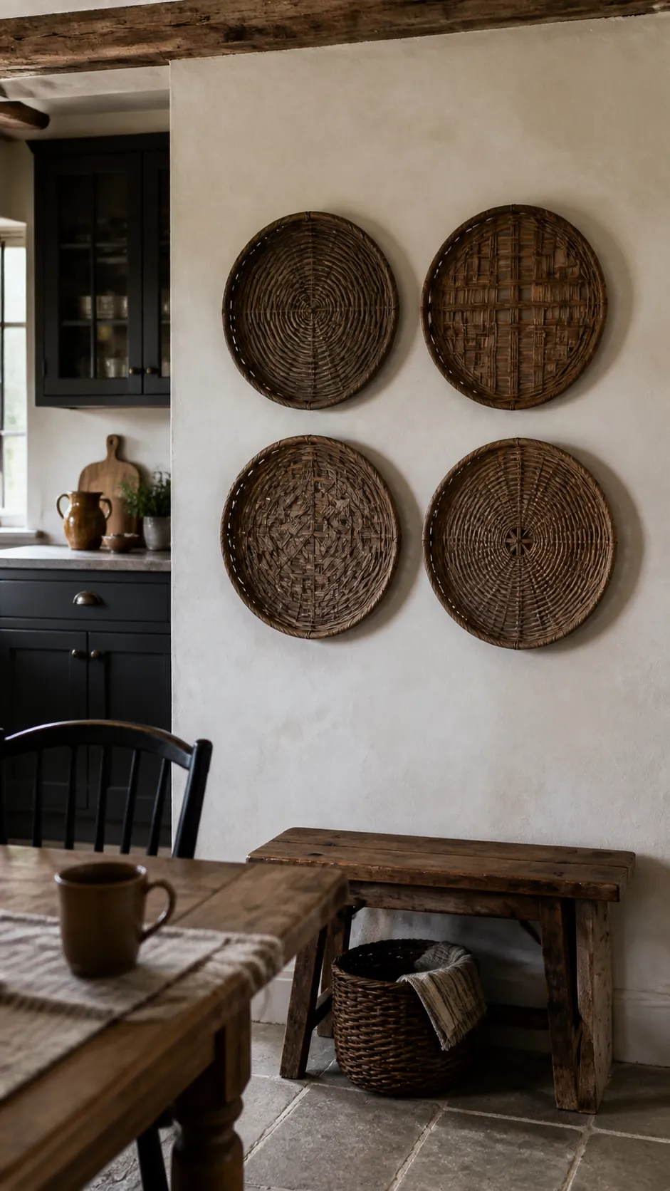 Woven Willow Trays styled as rustic kitchen wall decor