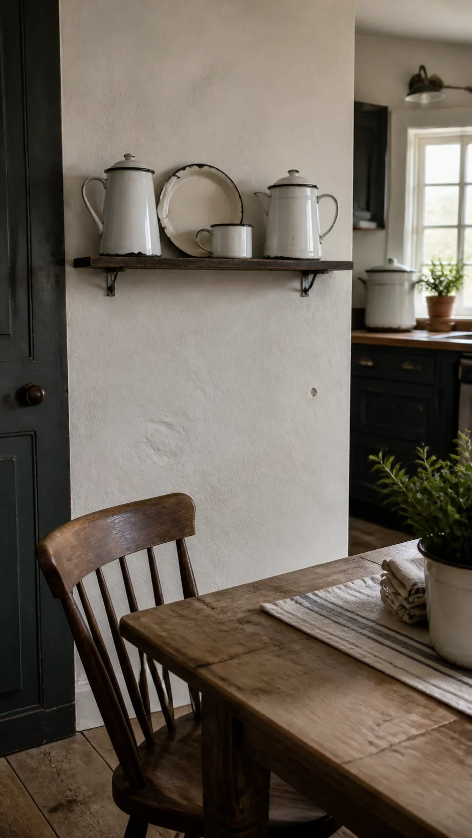 Vintage Enamelware Shelf styled as rustic kitchen wall decor