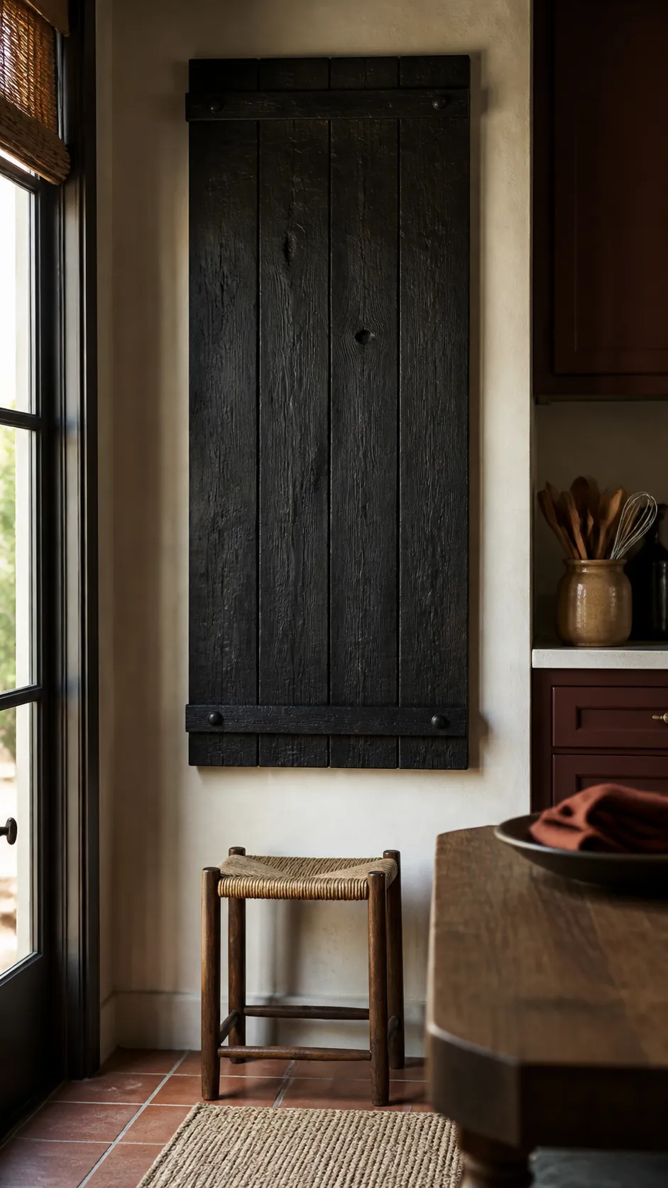 Charred Timber Panel styled as rustic kitchen wall decor