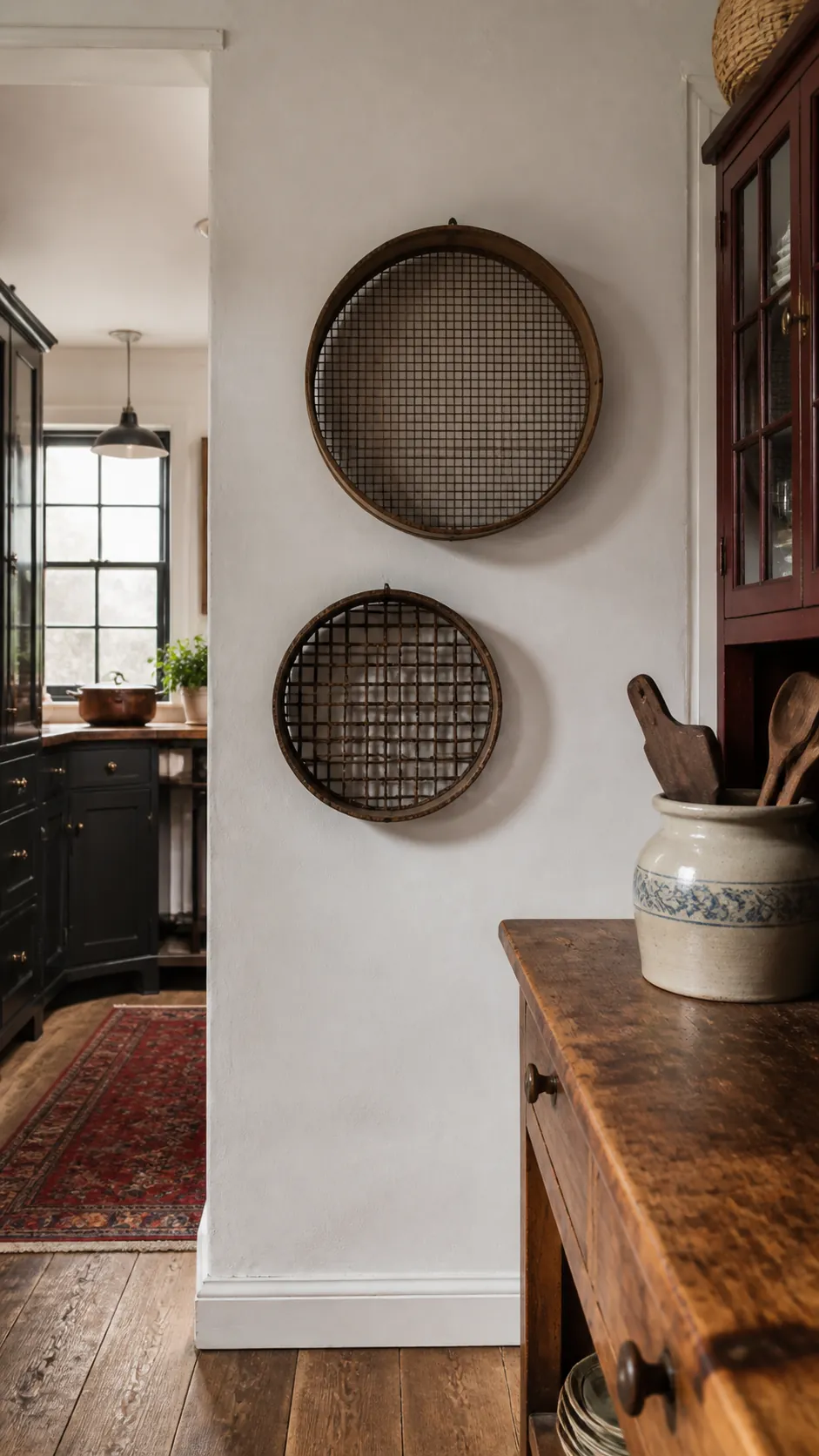 Antique Grain Sieve Pair styled as rustic kitchen wall decor
