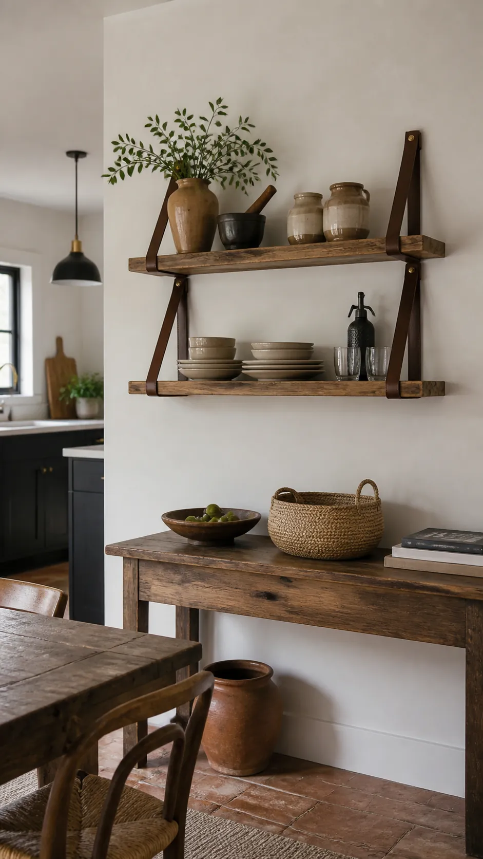 Leather Strap Shelves styled as rustic kitchen wall decor