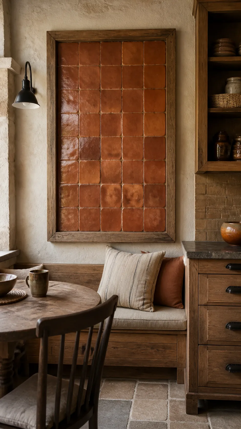 Handmade Terracotta Tiles styled as rustic kitchen wall decor