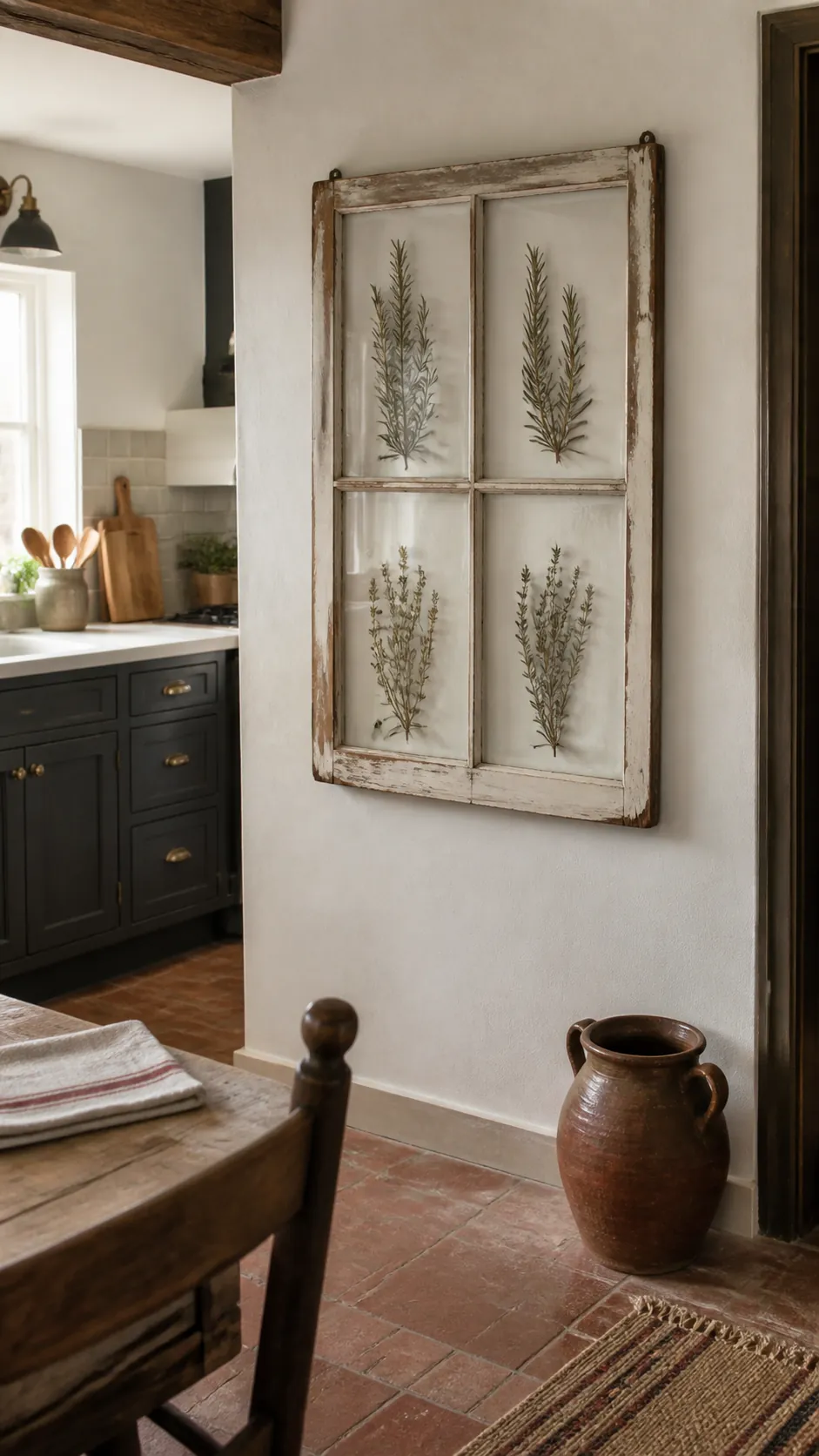 Old Window Herbarium styled as rustic kitchen wall decor